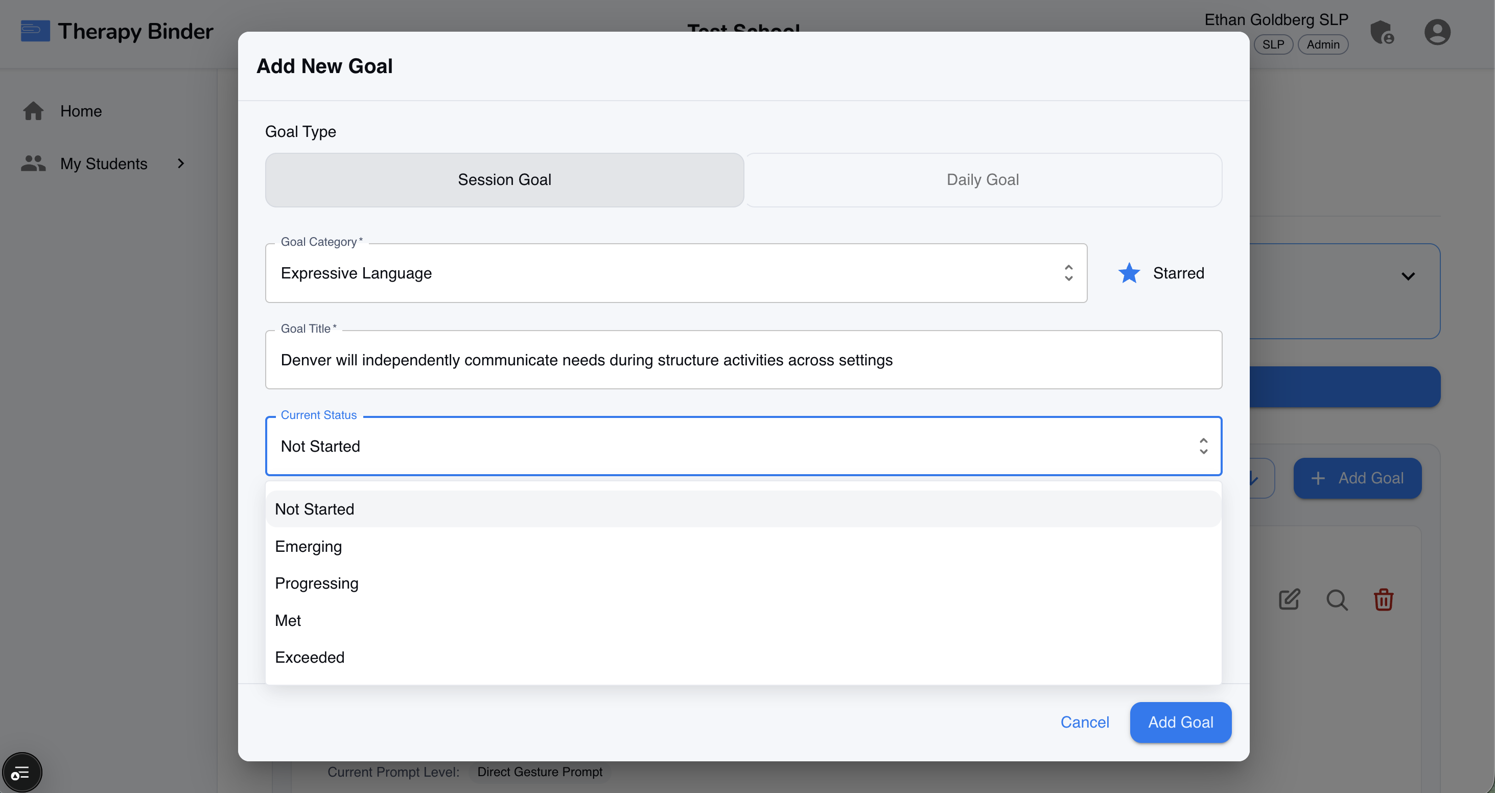 Creating a goal - Add New Goal modal